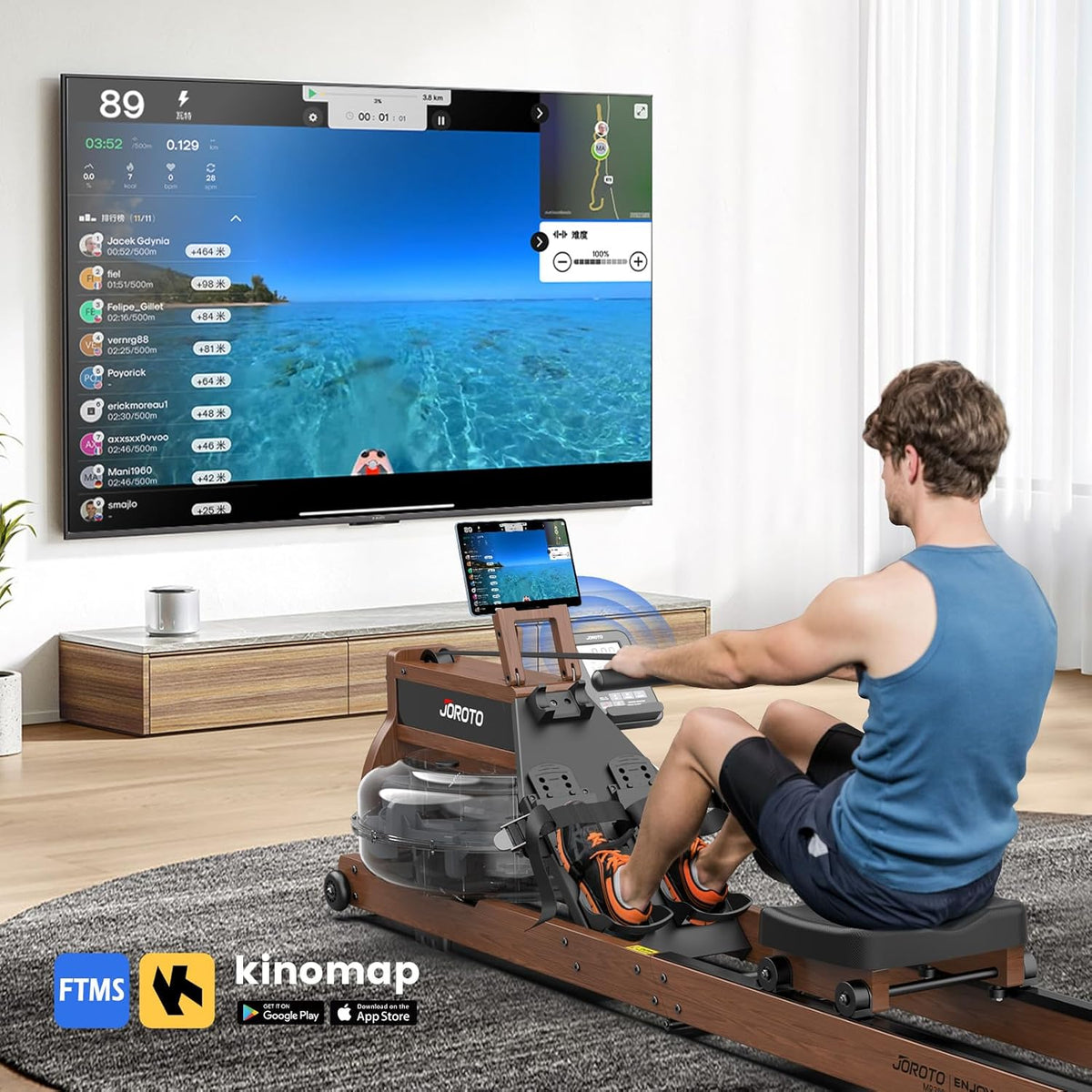 JOROTO MR380/MR390: Klappbares Eichenholz‑Rudergerät mit 28 L Tank und Bluetooth‑Monitor