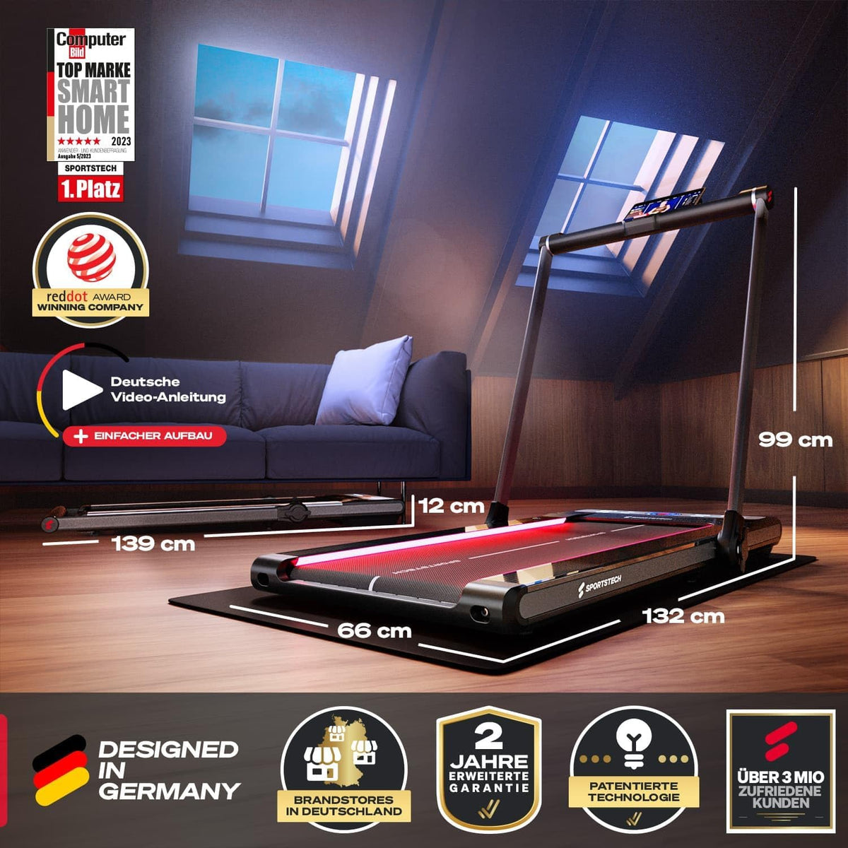 Sportstech Klappbares LED‑Laufband: Walking Pad mit Bluetooth‑App