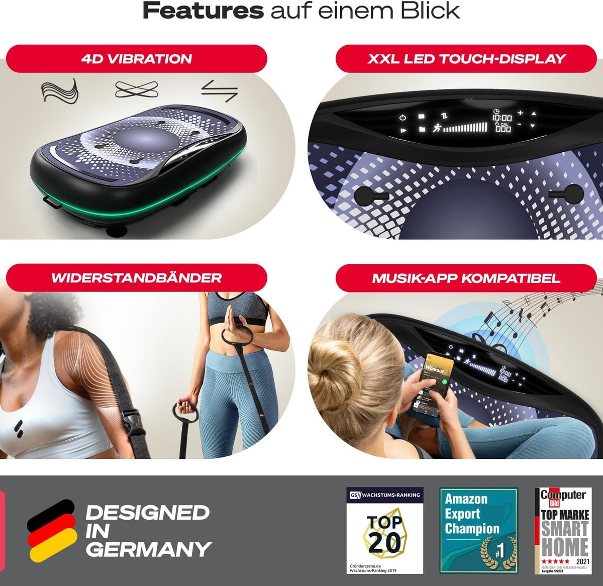 Sportstech 4D Vibrationsplatte: Smart LED, Bluetooth, Fitness & Yoga