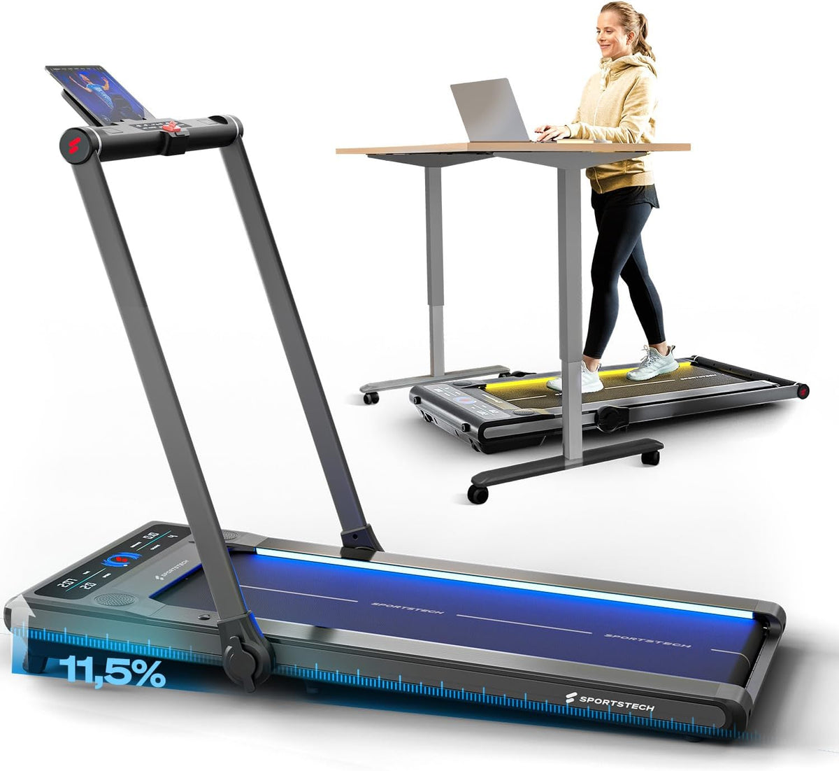 Sportstech Klappbares LED‑Laufband: Walking Pad mit Bluetooth‑App