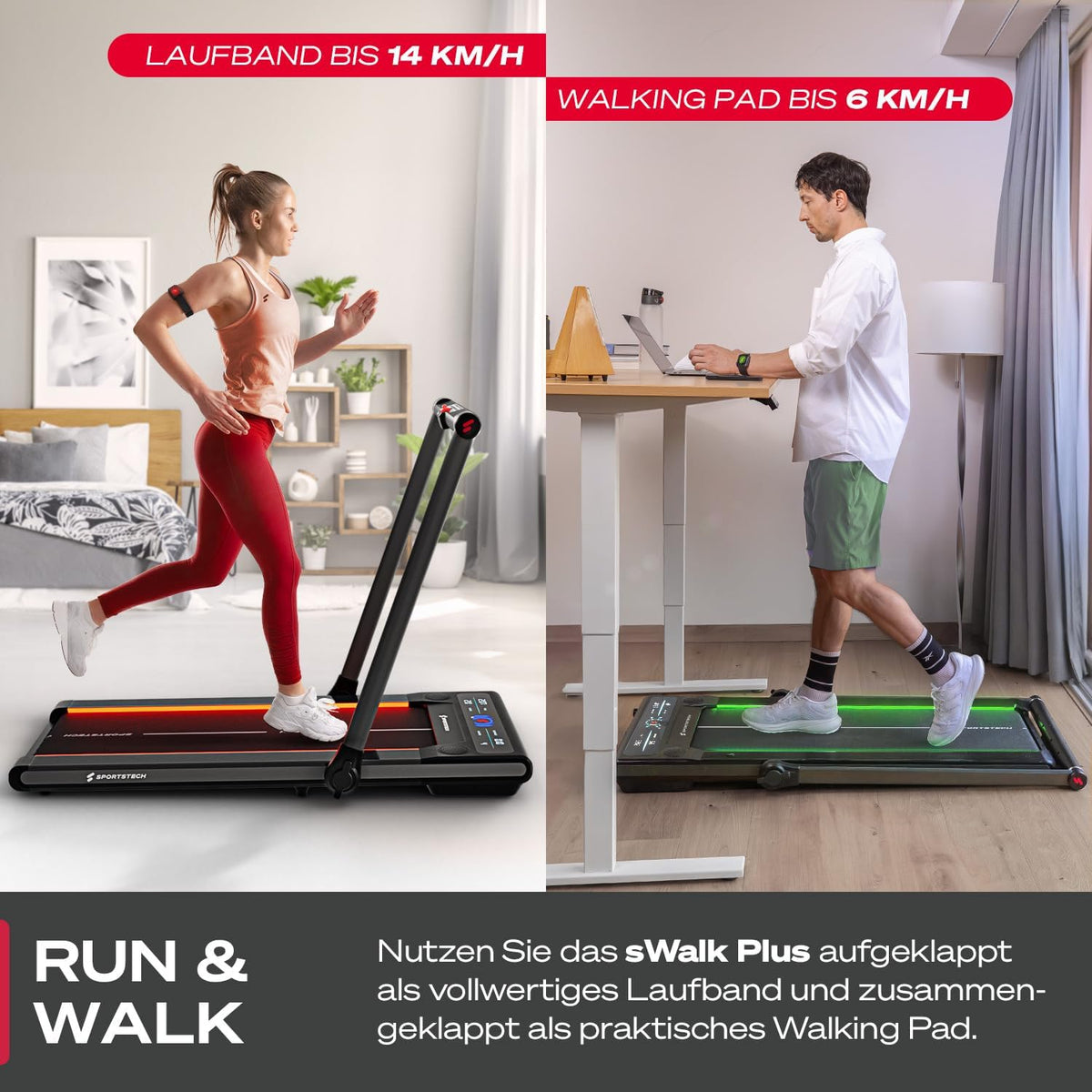 Sportstech Klappbares LED‑Laufband: Walking Pad mit Bluetooth‑App