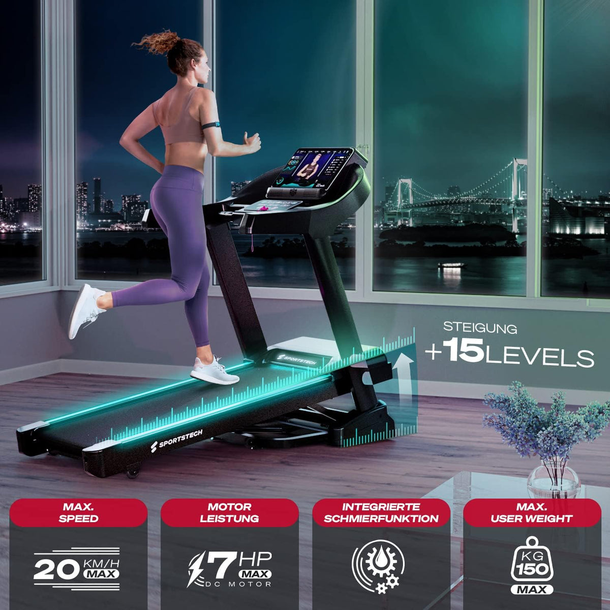 Sportstech F37s: Klappbares Laufband, 7 PS, 20 km/h, Steigung & App