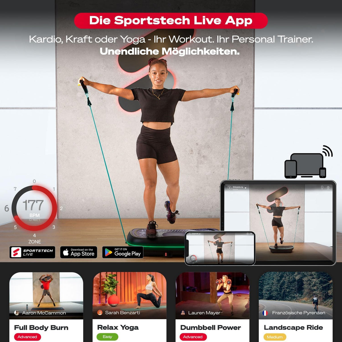 Sportstech 4D Vibrationsplatte: Smart LED, Bluetooth, Fitness & Yoga