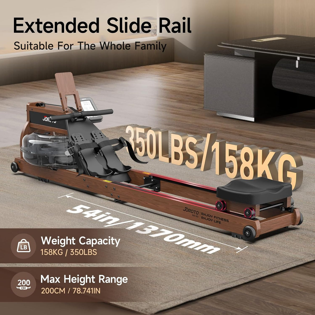 JOROTO MR380/MR390: Klappbares Eichenholz‑Rudergerät mit 28 L Tank und Bluetooth‑Monitor