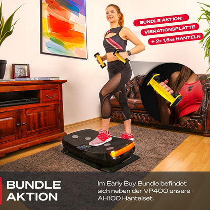 Sportstech VP400: 4D Vibrationsplatte mit Smart‑LED und Trainingsbändern